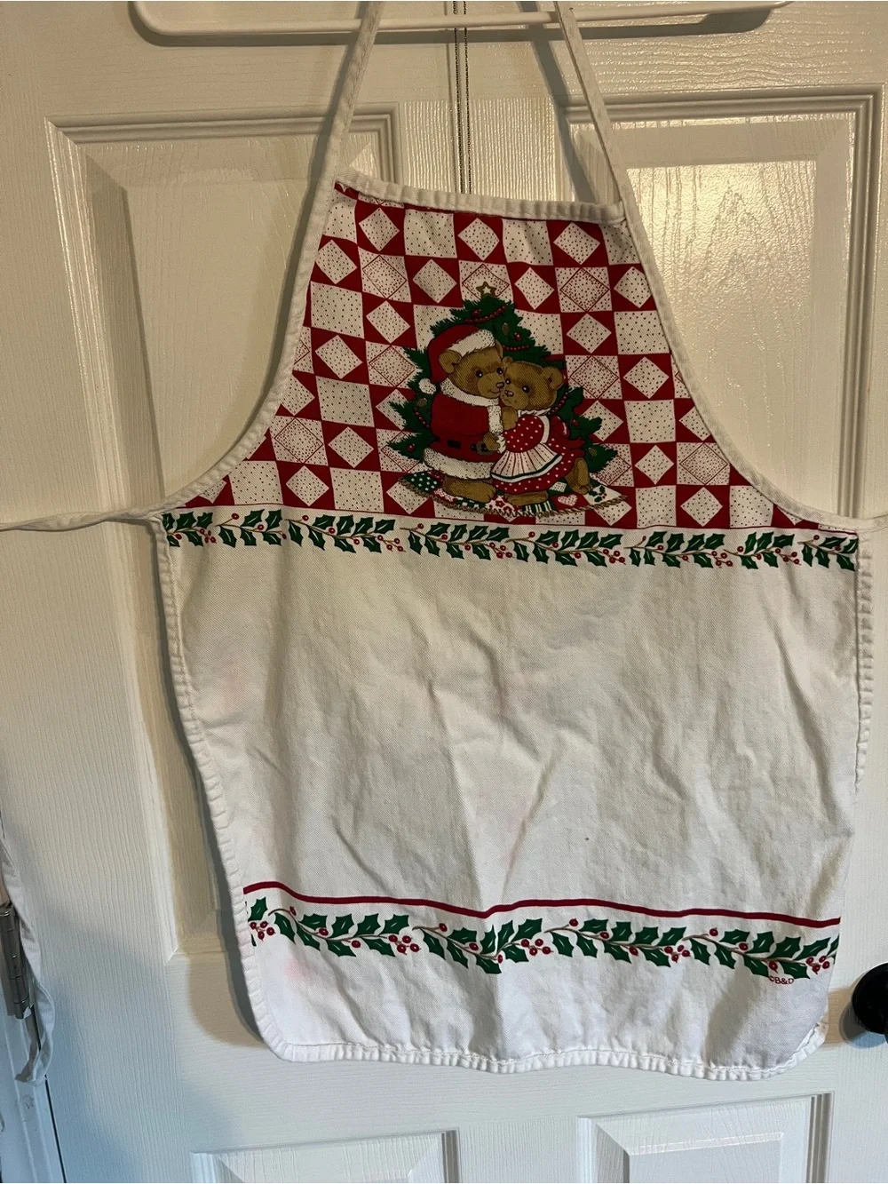 Vintage 1980’s Barth & Dreyfuss Christmas Teddy Bear Apron with Holly Accente